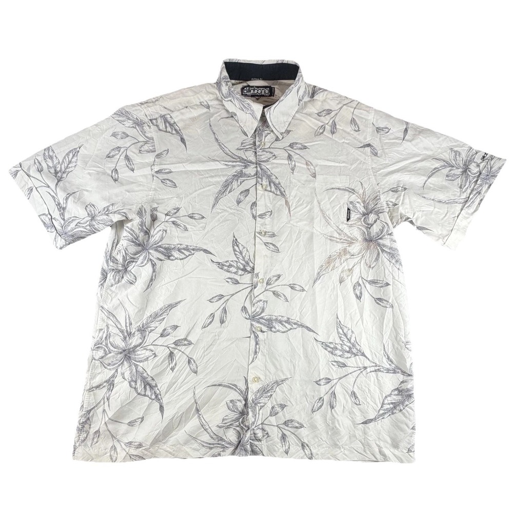 Billabong Shirt Mens 2XL White Hawaiian Floral Aloha Fit Short Sleeve Button Up